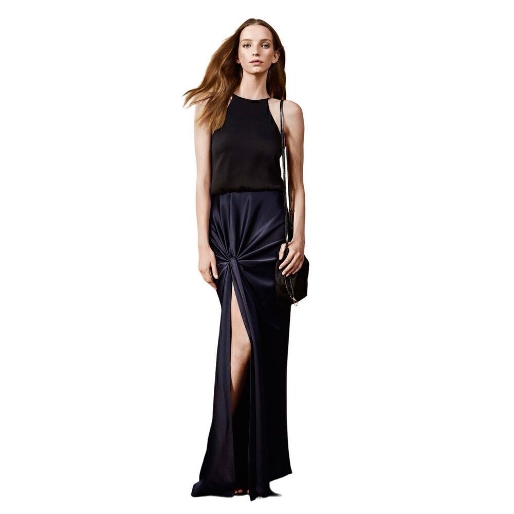 Halston Heritage Gown Womens 2 Navy Black Colorblock Halter Satin Formal Gala